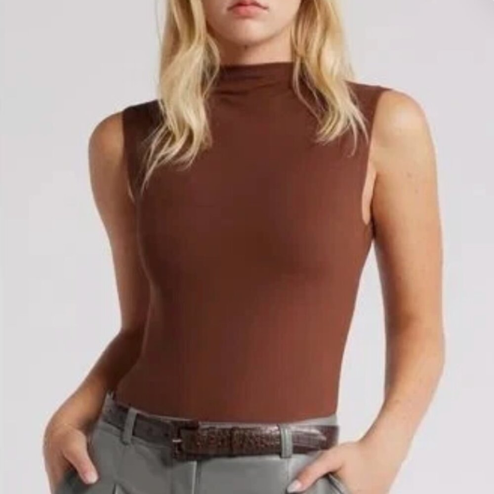 Open Edit Brown Sleeveless Mock Neck Bodysuit Womens L Nordstrom Soft Stretchy F